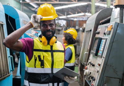Engineering male african american happy smiling workers wear soundproof headphones and yellow helmet holding tablet working at operating CNC machine. work factory industrial concept.