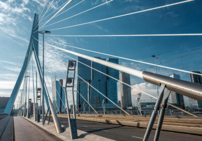Rotterdam city cityscape with Erasmus bridge. South Holland, Netherlands.